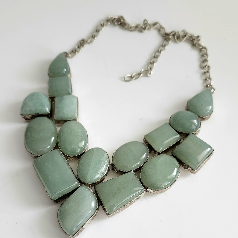 Genuine Green Jade Necklace, 925 Sterling Silver Statement Bib Necklace